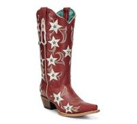 Women's Red Embroidery, Stars Overlay and Studs Snip Toe Cowboy Boots, Red, 9 UK