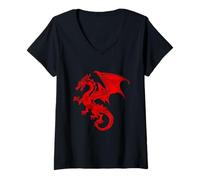 Womens Red Fantasy Dragon V-Neck T-Shirt