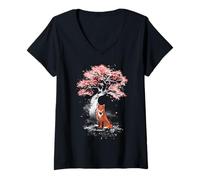 Women's Red Fox Under the Tree V-Neck T-Shirt