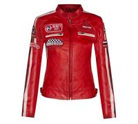Womens Red Leather Biker Casual Racing Moto Badges Jacket