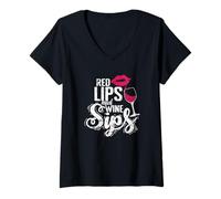 Women's Red Lips and Wine Sips V-Neck T-Shirt