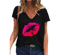 Women's Red Lips Print T-Shits Fashion Creative Graphic Print V-Neck Short Sleeve T-Shirts