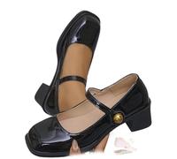 Women's Red Mary Jane Block Heels, Comfortable Patent Faux Leather Mid Heel Dress Shoes with Strap for Office Work (Black,4)