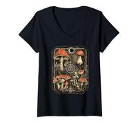Women's Red Mushroom Art Moon Phase Forest Witch Gothic V-Neck T-Shirt