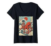 Women's Red Octopus Japanese Waves Kraken Japan V-Neck T-Shirt
