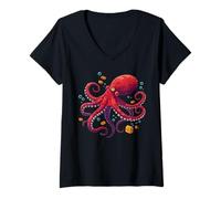 Womens Red Octopus Made from Bricks with Bubbles and Treasure V-Neck T-Shirt