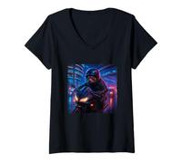 Womens Red Panda Cyberpunk Rider Motorcycle Biker Synthwave V-Neck T-Shirt
