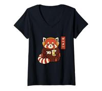 Women's Red Panda Gamer Ukiyo-e Japanese w Boba Tea V-Neck T-Shirt