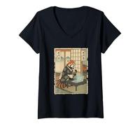 Women's Red Panda IT Guy Laptop Lifestyle w Boba Tea Ukiyo-e V-Neck T-Shirt