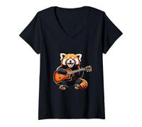 Womens Red Panda Playing Guitar Design Funny Red Panda V-Neck T-Shirt