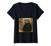 Womens Red Panda Samurai Warrior Katana Kimono Zen Sumi-E Vintage V-Neck T-Shirt