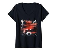Women's Red Panda with Headphones Design V-Neck T-Shirt