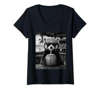 Women's Red Panda with Sunglasses and Coconut Drink V-Neck T-Shirt