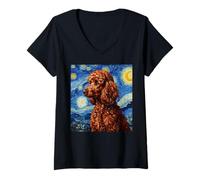 Women's Red Poodle Dog Van Gogh Style Starry Night V-Neck T-Shirt