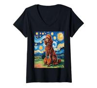 Women's Red Poodle Dog Van Gogh Style Starry Night V-Neck T-Shirt