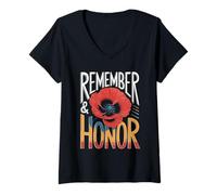 Womens Red Poppies Remember and Honor V-Neck T-Shirt