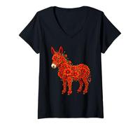 Women's Red Poppy Donkey Flower Gardening Floral V-Neck T-Shirt