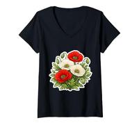 Women's Red Poppy Flowers Botanical Poppies Floral Botany Lover V-Neck T-Shirt