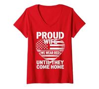 Women's RED Proud Deployed Military Spouse Soldier Husband Support V-Neck T-Shirt
