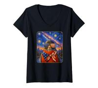Women's Red Robin Bird Wearing USA Flag Glasses American Art V-Neck T-Shirt