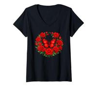 Women's Red Rose Butterfly Flower Gardening Floral V-Neck T-Shirt