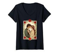 Women's Red Roses and Romance Art Nouveau Vintage Illustration V-Neck T-Shirt