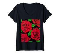 Women's Red Roses Wild Rose Bold Floral Design Pattern Art V-Neck T-Shirt