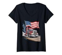 Womens Red Semi Truck with American Flag 18 Wheeler Trucker Design V-Neck T-Shirt