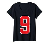 Women's Red Sport Team Athletic Vintage Number #9 V-Neck T-Shirt