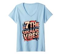 Women's Red White 7TH Grade Vibes First Day US Flag My Teacher Squad V-Neck T-Shirt