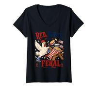 Women's Red White and Feral Patriotic Chicken July 4th American Flag V-Neck T-Shirt
