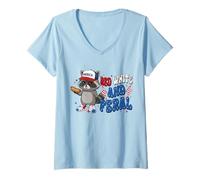 Womens Red White and Feral Raccoon America 4th of July Patriotic V-Neck T-Shirt