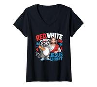 Womens Red White And Jesus Christ Raccoon Hotdog Independence Day V-Neck T-Shirt