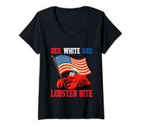 Womens Red, White And Lobster Bite 4th Of July Celebration V-Neck T-Shirt