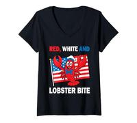 Womens Red, White And Lobster Bite 4th Of July Celebration V-Neck T-Shirt