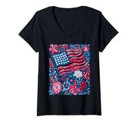 Women's Red White Blue Boho Flowers American Flag 4th July Women V-Neck T-Shirt