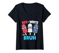 Womens Red White Bruh 4th of July Patriotic Popsicle American Flag V-Neck T-Shirt