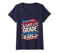 Women's Red White Eighth Grade Vibes Bruh We Back US Flag Teacher V-Neck T-Shirt