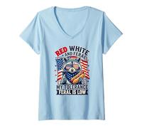 Women's Red White My Tolerance Feral is Low Raccoon Flag V-Neck T-Shirt