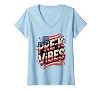Women's Red White PRE-K School Vibes First Day US Flag Teacher Crew V-Neck T-Shirt