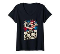 Women's Red White Ready Crush 6th Grade Soccer Teacher Happy Cutest V-Neck T-Shirt