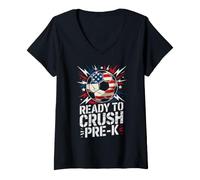 Women's Red White Ready Crush PRE-K Kick Off Soccer Teacher Happy V-Neck T-Shirt