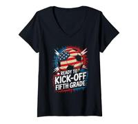 Women's Red White Ready KICK Off Fifth Grade Soccer Teacher Game On V-Neck T-Shirt