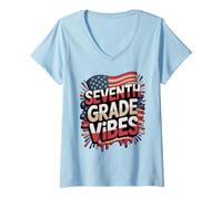 Women's Red White Seventh Grade Vibes First Day US Flag Teacher V-Neck T-Shirt