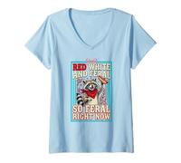 Women's Red White So Feral Right Now Raccoon Hot Dog Bow V-Neck T-Shirt