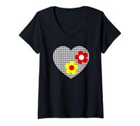 Womens Red Yellow Flowers in Black White Tartan Heart Shapes Mania V-Neck T-Shirt