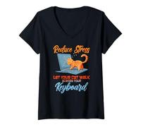 Womens Reduce stress. Let your cat walk across your keyboard V-Neck T-Shirt