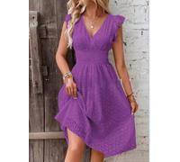 Womens Regular Length Hollow-out Dress with V-neck Opening Lotus-leaf Sleeves and Soft Polyester Fabric for Layered Looks (M Purple)