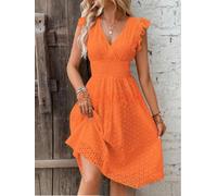 Womens Regular Length Hollow-out Dress with V-neck Opening Lotus-leaf Sleeves and Soft Polyester Fabric for Layered Looks (M Orange)