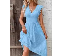 Womens Regular Length Hollow-out Dress with V-neck Opening Lotus-leaf Sleeves and Soft Polyester Fabric for Layered Looks (L Light Blue)